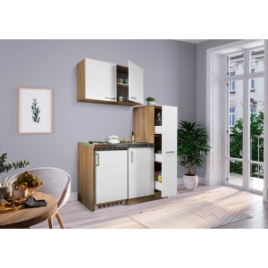 Respekta Miniküche MK130ESWOS, 130 cm, Weiß und Eiche Sägerau Nachbildung mit Kühlschrank und Kochfeld.