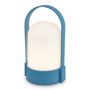 Blaue Brilo Akku-LED-Tischleuchte, warmweißes Licht, kabellos, mit Tragegriff. Ideal für den Außenbereich.