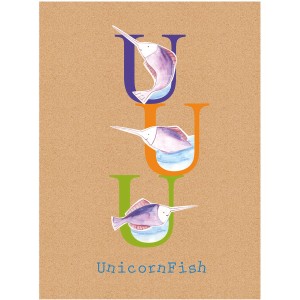 Komar Wandbild ABC Animal U mit Einhornfischen in bunten Buchstaben U auf braunem Hintergrund.