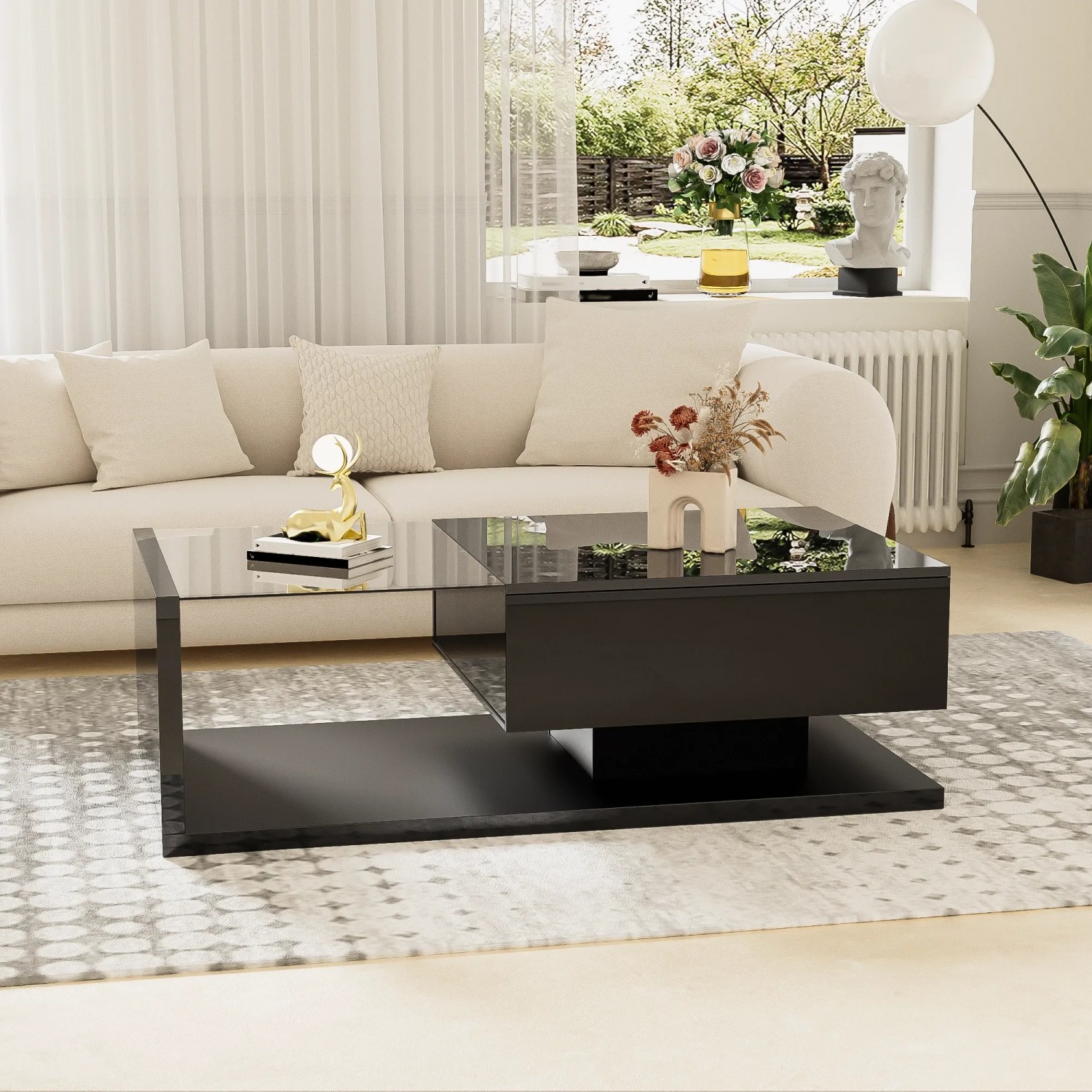 okwish Couchtisch Schwarz mit Glasplatte, LED-Effekt. Moderner Wohnzimmertisch Hochglanz, 105x55 cm.