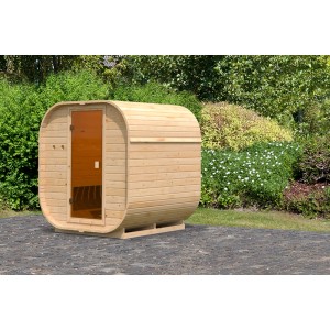 Karibu Fassauna Quadro 1: Naturbelassenes Saunahaus aus Fichte mit Glastür für den Garten.