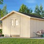 Hellgraues Palmako Gerätehaus Lucas aus Holz mit Fenster und Schubkarre im Garten.