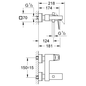 Technische Zeichnung der Grohe Eurocube Einhand-Wannenbatterie DN 15 mit Maßangaben.