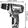 Abbildung des Bosch Professional GSR 12V-15 Akku-Bohrschraubers mit Maßangaben.