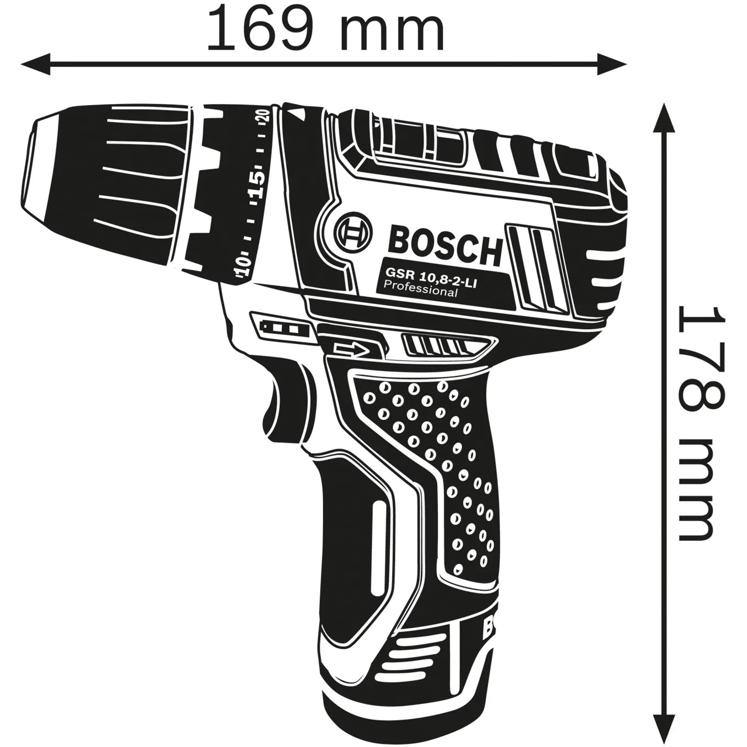 Abbildung des Bosch Professional GSR 12V-15 Akku-Bohrschraubers mit Maßangaben.