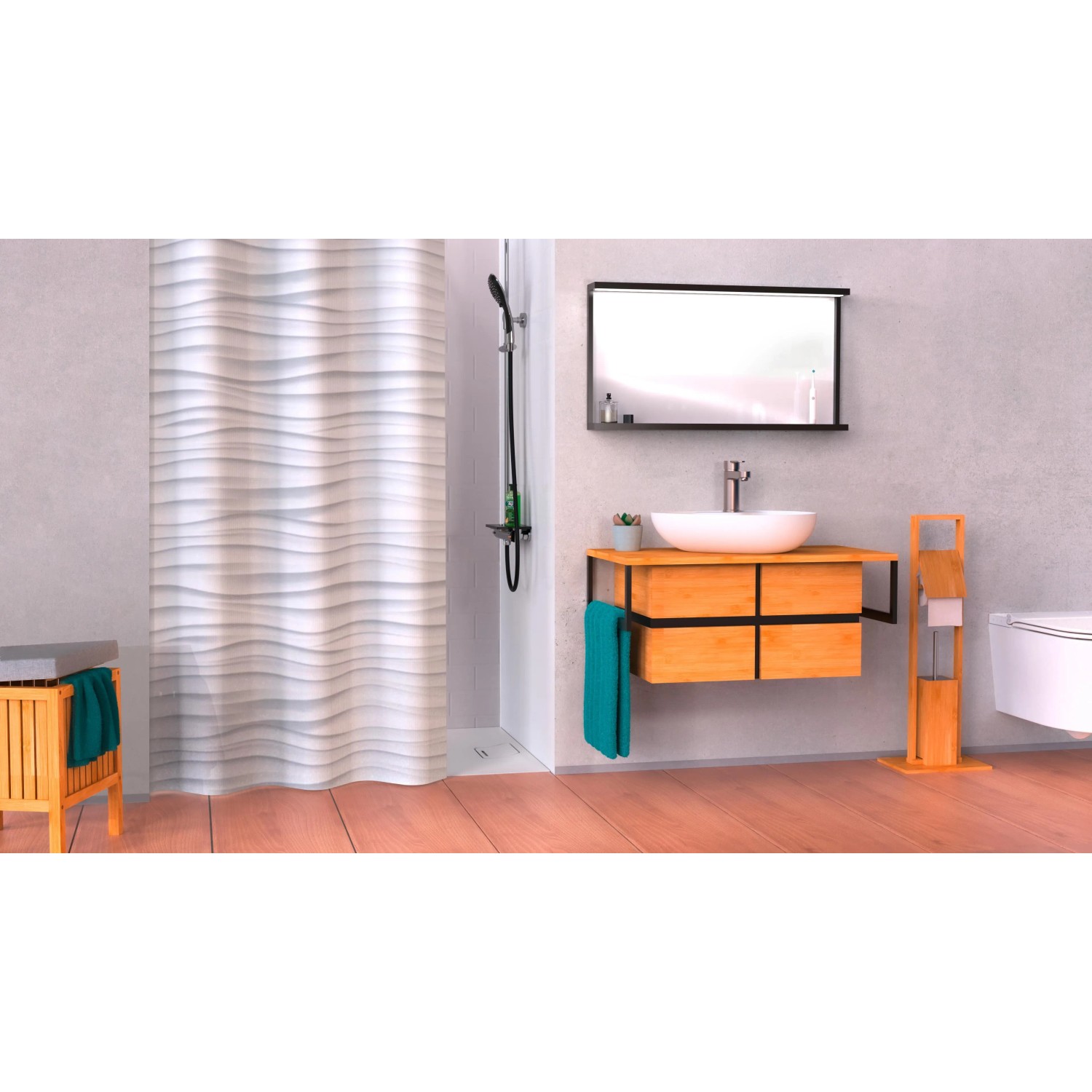 Eisl Textil Duschvorhang White Wave, 180x200 cm, mit Wellenmuster im Badezimmer.