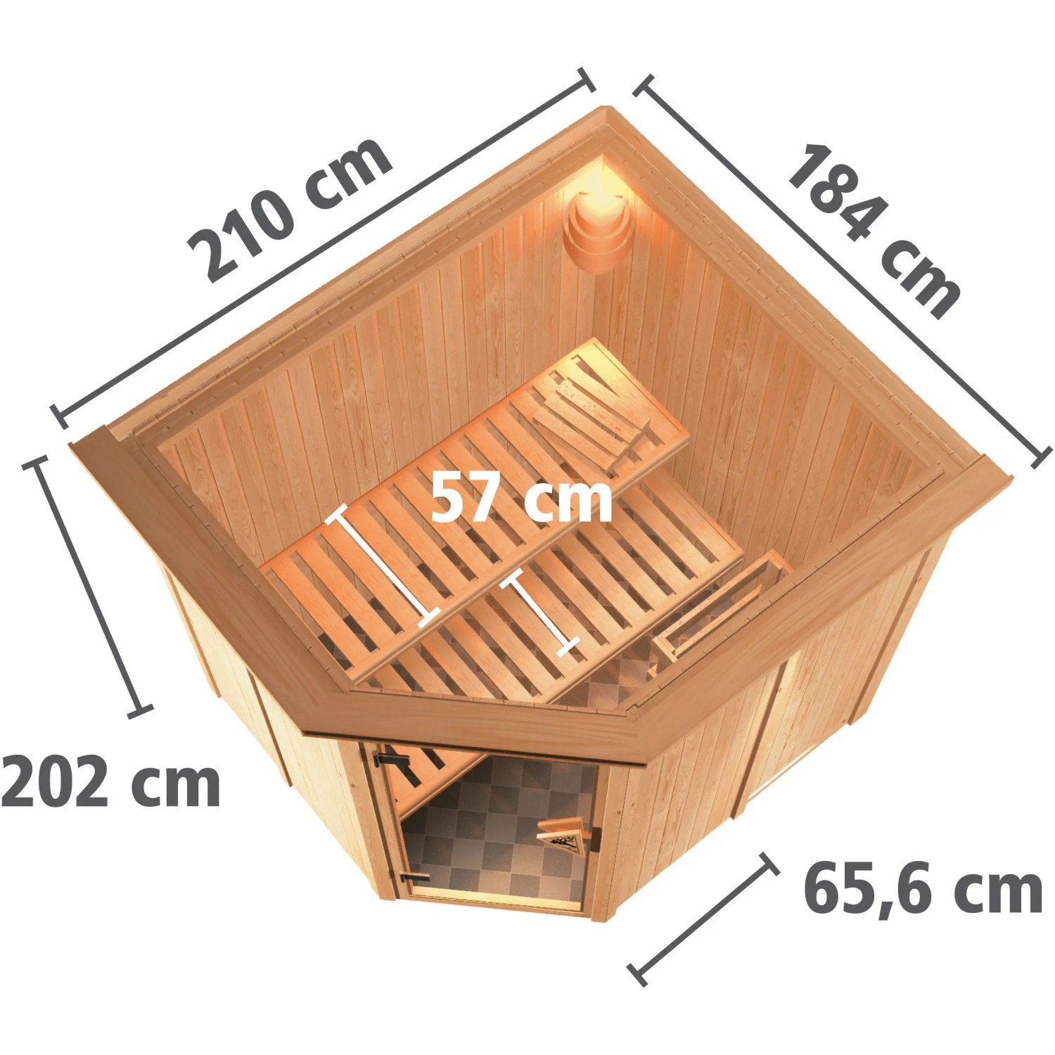 Karibu Sauna Livia mit Ofen und LED-Dachkranz, Naturholz, Innenansicht mit Maßen.