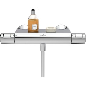 Ideal Standard Ceratherm T Ablage, Chrom, mit Duschgel und Seife auf Brausethermostat.