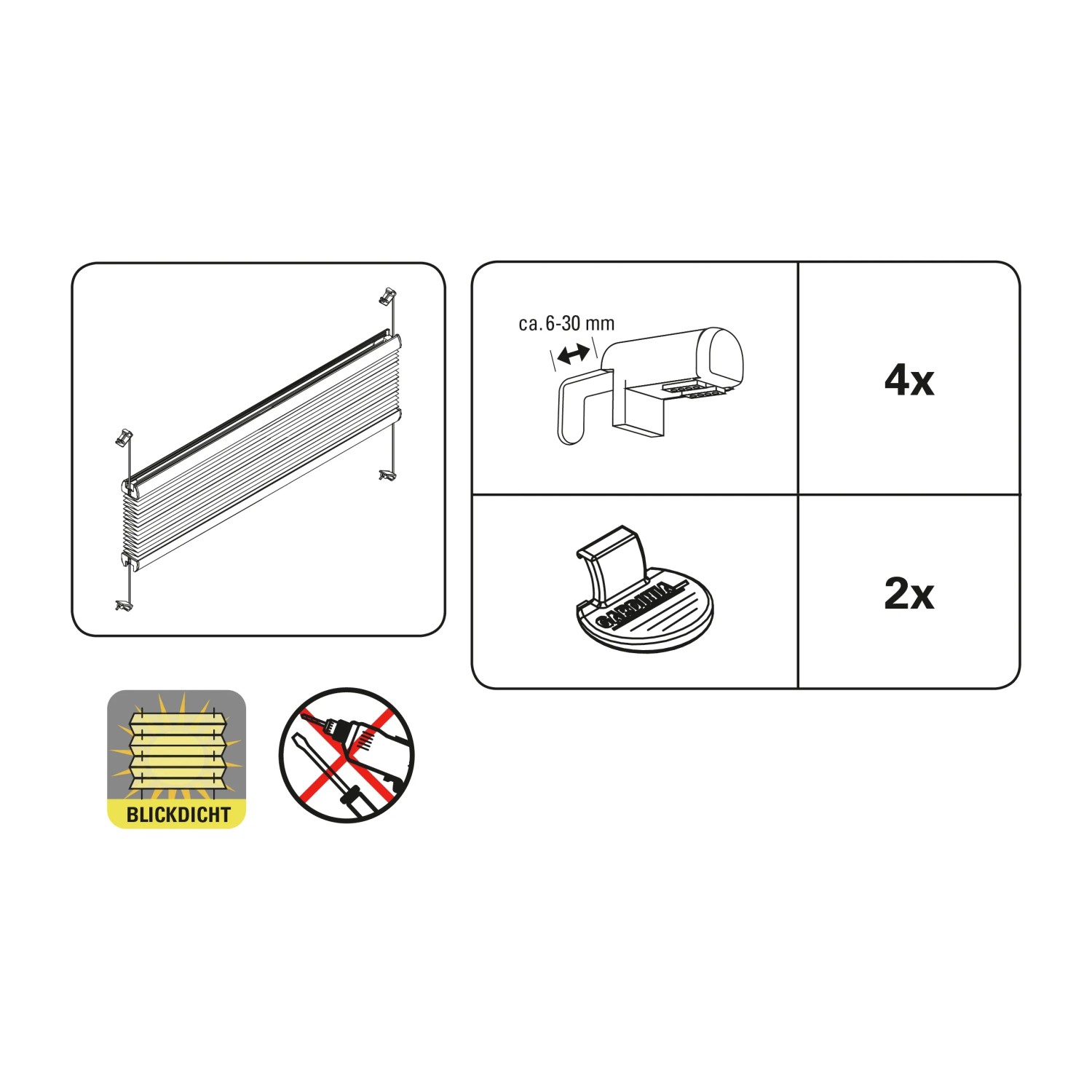 Gardinia EasyFix Plissee Zubehör: Montageanleitung und Details zu Klemmträgern und Bedienschienen.