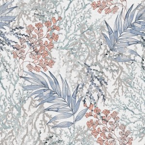 Erfurt Vliestapete Eco Deco Bujeda mit blau-rotem Pflanzenmuster auf weißem Grund.