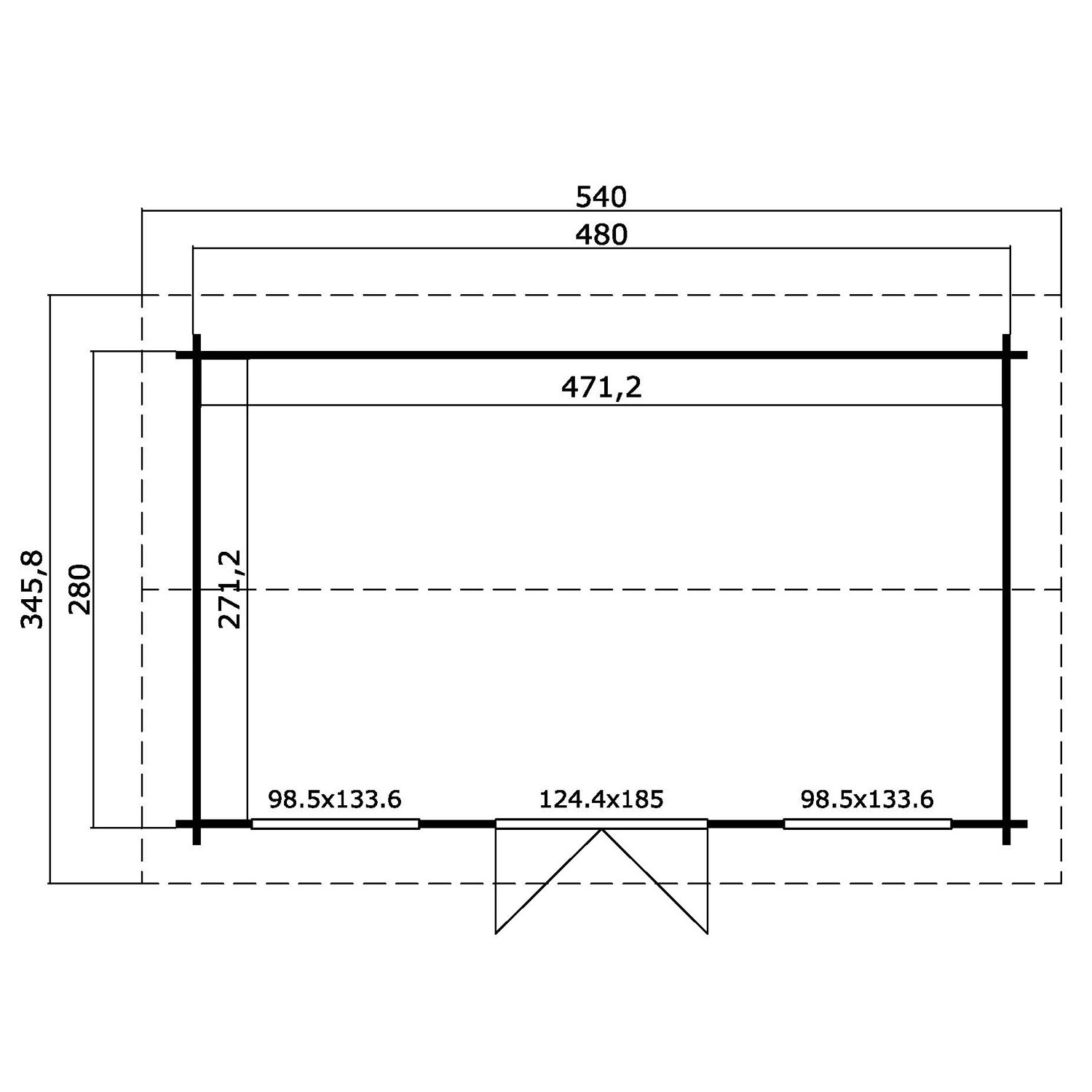 Grundriss Gartenhaus Lasita Maja Pembrokeshire 53, lichtgrau, 480x280 cm, mit Maßangaben.