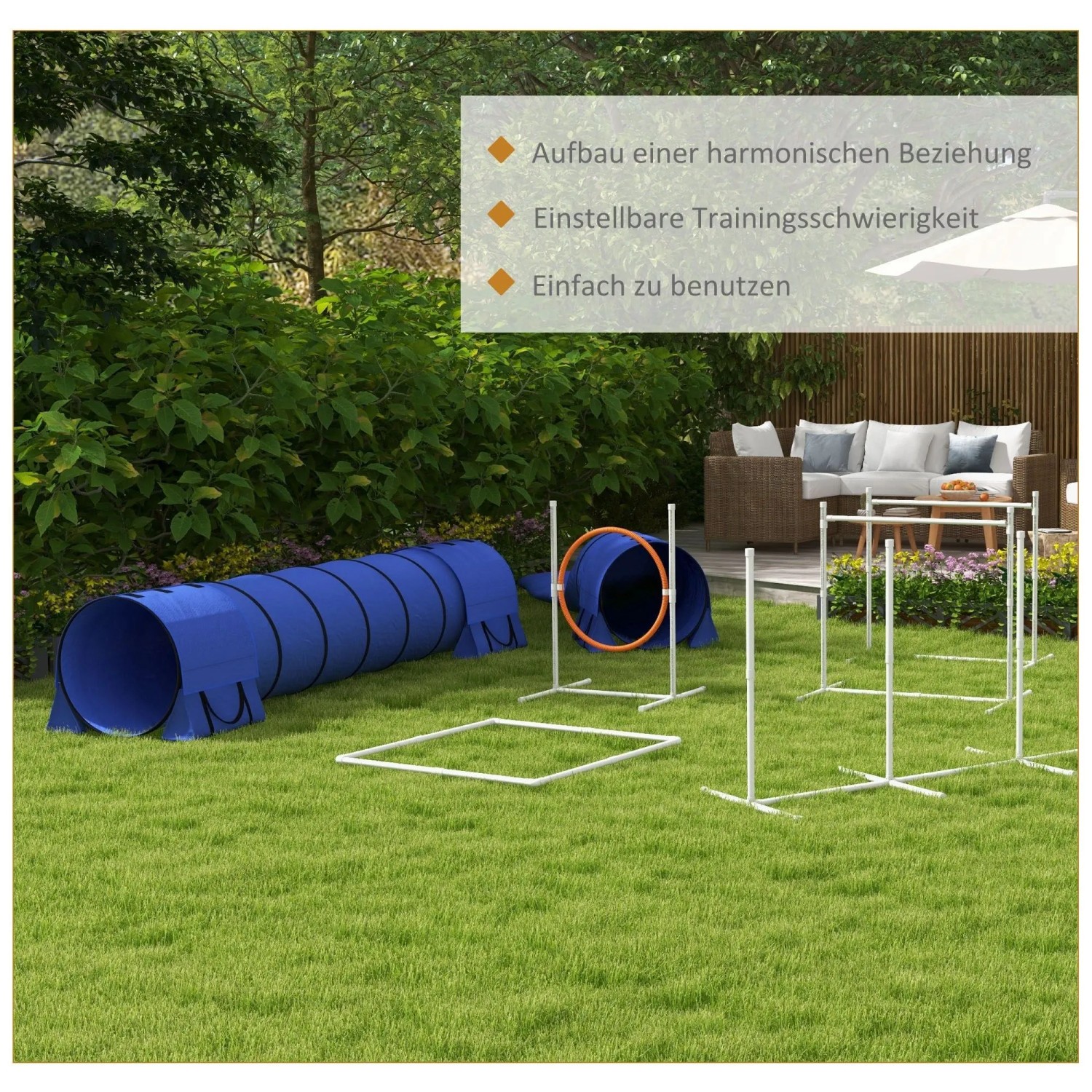 PawHut Hunde Agility Set aus Kunststoff mit blauen Tunneln, Hürden, Sprungreifen und Pausenbox auf Rasen.