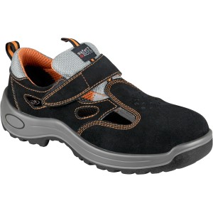 Safety&More Sicherheitssandale S1 Gr. 44, schwarz-grau mit Stahlkappe und Klettverschluss.