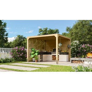Quadratischer Karibu Fyrkant Pavillon aus naturbelassenem Holz im Garten mit Grillplatz.