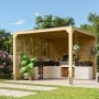 Quadratischer Karibu Fyrkant Pavillon aus naturbelassenem Holz im Garten mit Grillplatz.