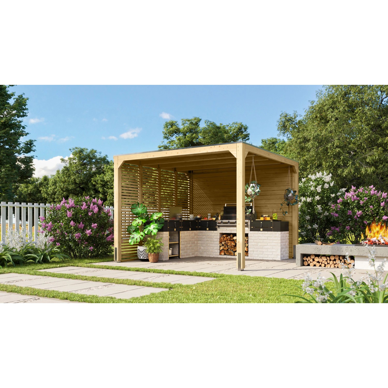 Quadratischer Karibu Fyrkant Pavillon aus naturbelassenem Holz im Garten mit Grillplatz.