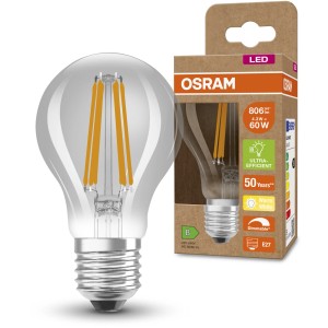 Osram LED-Lampe E27, 4,3W, Glühlampenform, klar, warmweiß. Dimmbares Leuchtmittel mit Filament-Technologie.