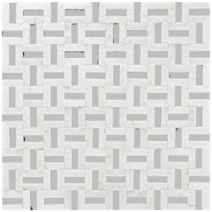 Mosaikfliese Marmor & Aluminium Greek White, 30x30 cm. Muster aus weißen Marmor- und grauen Aluminiumstreifen.