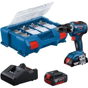 Bosch Professional Akku-Bohrschrauber GSR 18V-55 Set mit Akkus, Ladegerät, L-Case und 100-teiligem Zubehör.