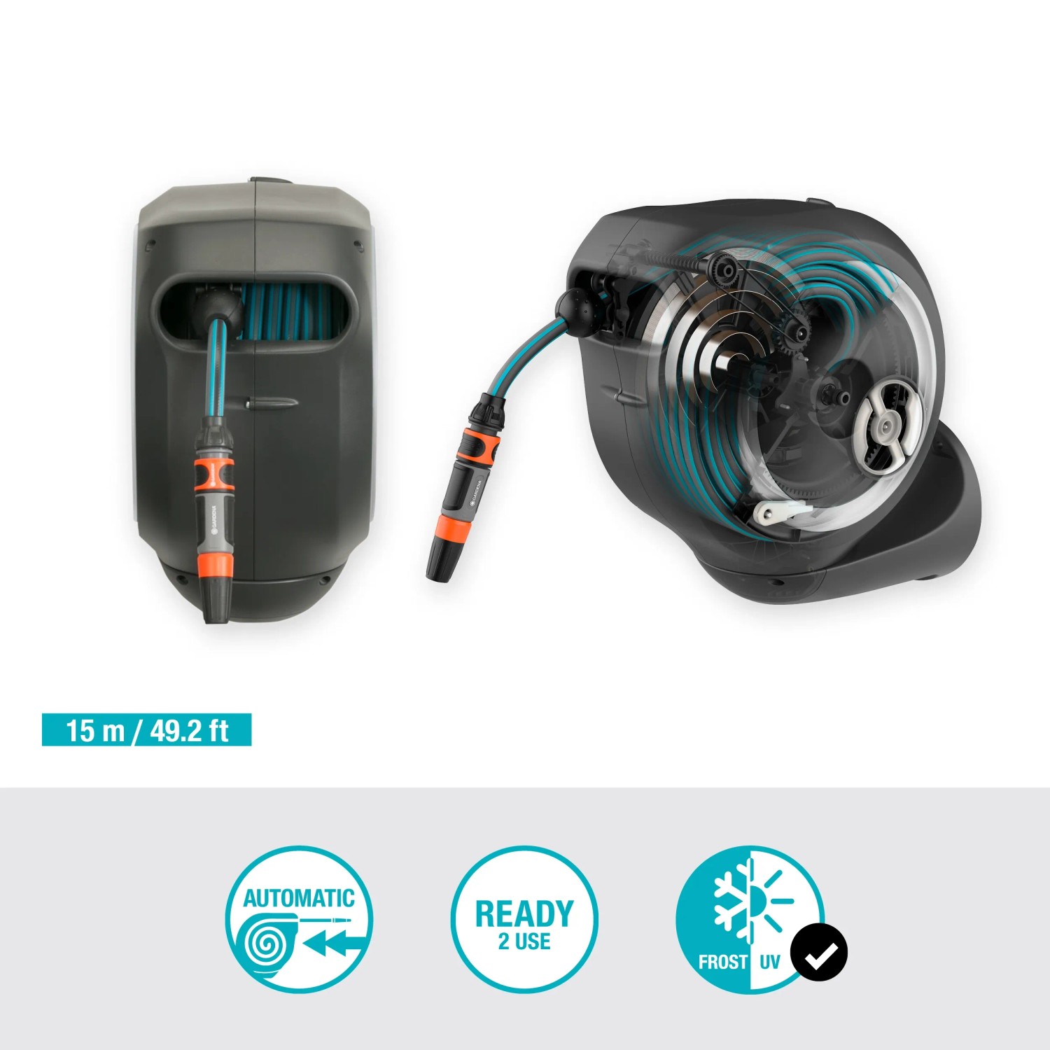 Gardena Wand-Schlauchbox RollUp S mit 15m Schlauch, automatische Aufrollfunktion, Wandhalterung.