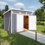 Graues Weka Gartenhaus 264 mit Pultdach und geöffneten, weißen Doppeltüren. Fahrrad im Inneren.