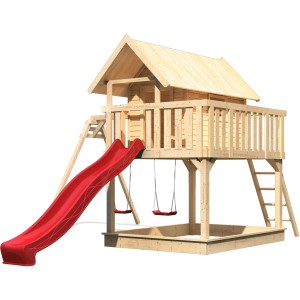 Karibu Stelzenhaus Fidel mit Doppelschaukel und roter Wellenrutsche aus Holz.