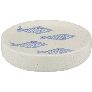 Handbemalte Wenko Seifenablage Aquamarin aus Keramik mit Fischmotiven in Beige.