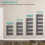 Größenreferenz: Vier anthrazitfarbene elektrische Badheizkörper/Handtuchwärmer aus Stahl mit Thermostat.