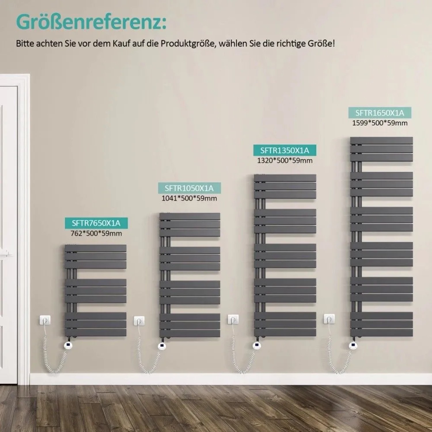 Größenreferenz: Vier anthrazitfarbene elektrische Badheizkörper/Handtuchwärmer aus Stahl mit Thermostat.