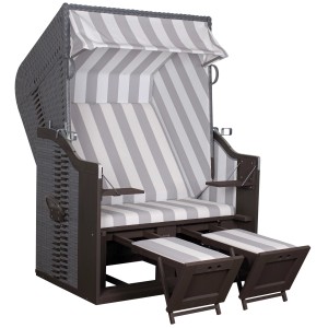 Grau-weißer Strandkorb Fehmarn von Trendy by Devries, 159x124x87 cm, mit ausziehbaren Fußstützen.