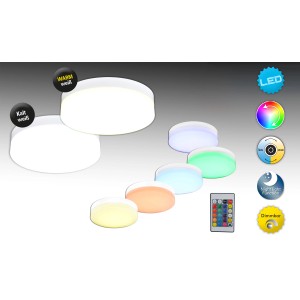 Weiße LED-Deckenleuchte mit Farbwechsel, dimmbar mit Fernbedienung. Ideal als moderne Deckenbeleuchtung.