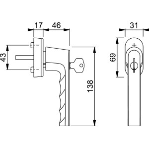Technische Zeichnung: Hoppe Fenstergriff Hamburg, verkehrsweiß, abschließbar, mit Maßangaben.