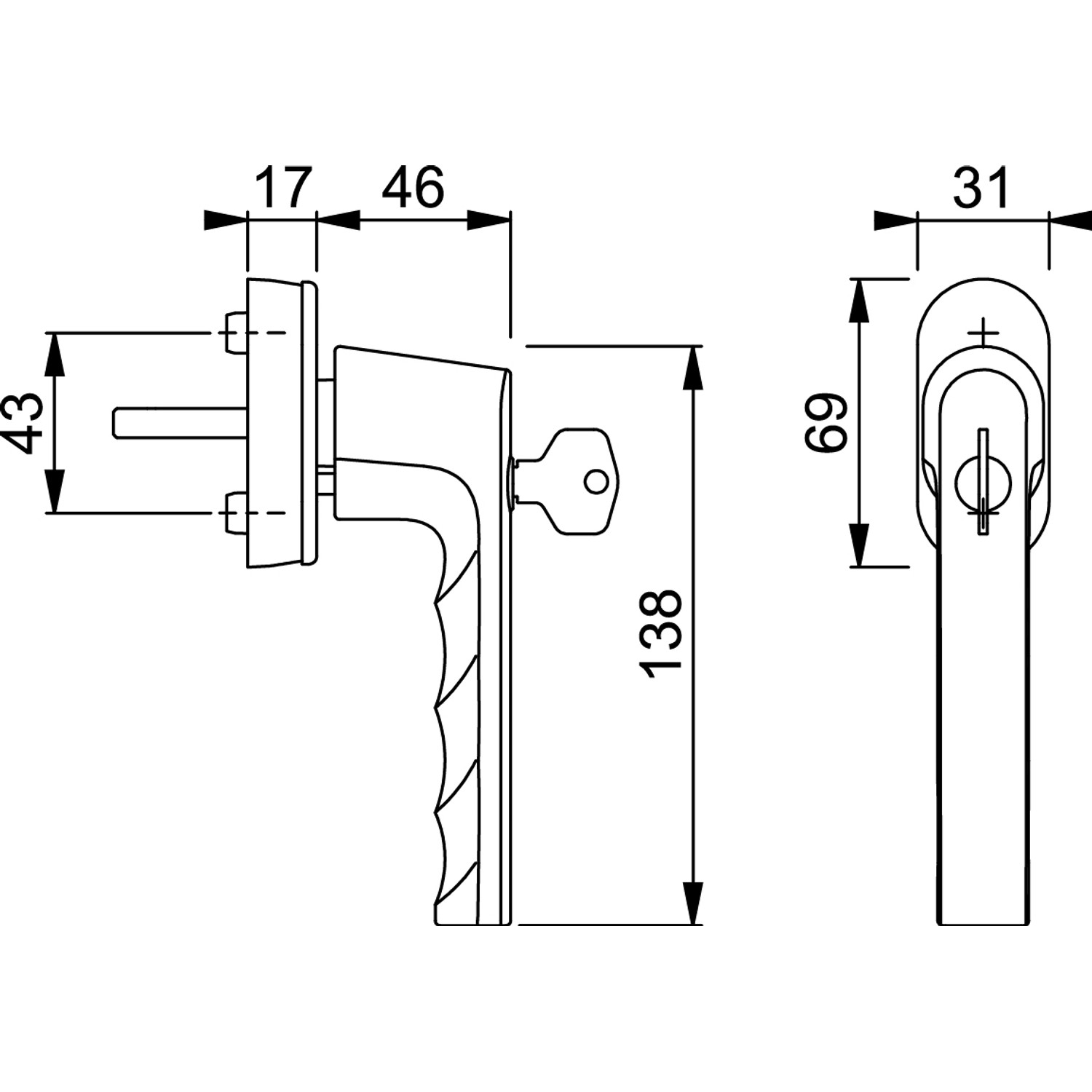 Technische Zeichnung: Hoppe Fenstergriff Hamburg, verkehrsweiß, abschließbar, mit Maßangaben.