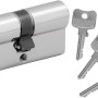 Stahl-Nebeneingangstür Zylinder mit drei Schlüsseln, silberfarben.