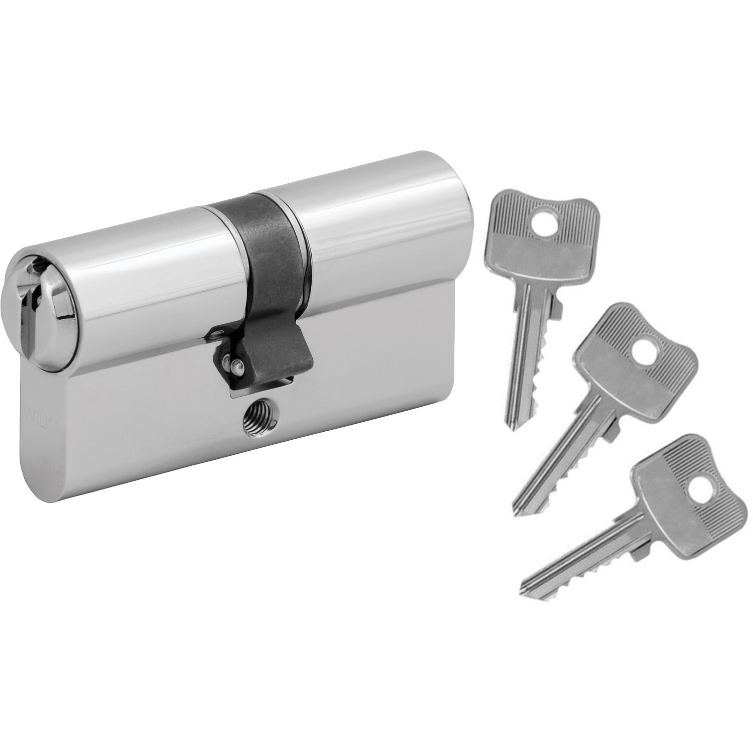 Stahl-Nebeneingangstür Zylinder mit drei Schlüsseln, silberfarben.
