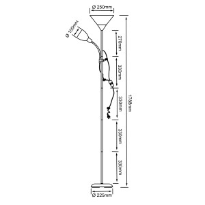 Skizze des LED-Deckenfluters Spari mit Lesearm in Weiß-Silber, Maße und Details.