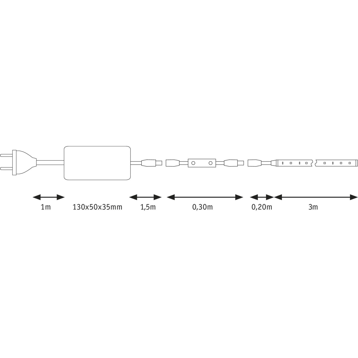 Paulmann LED-Power Strip Set, 3 m, mit Stecker, Dimmer und Maßangaben.
