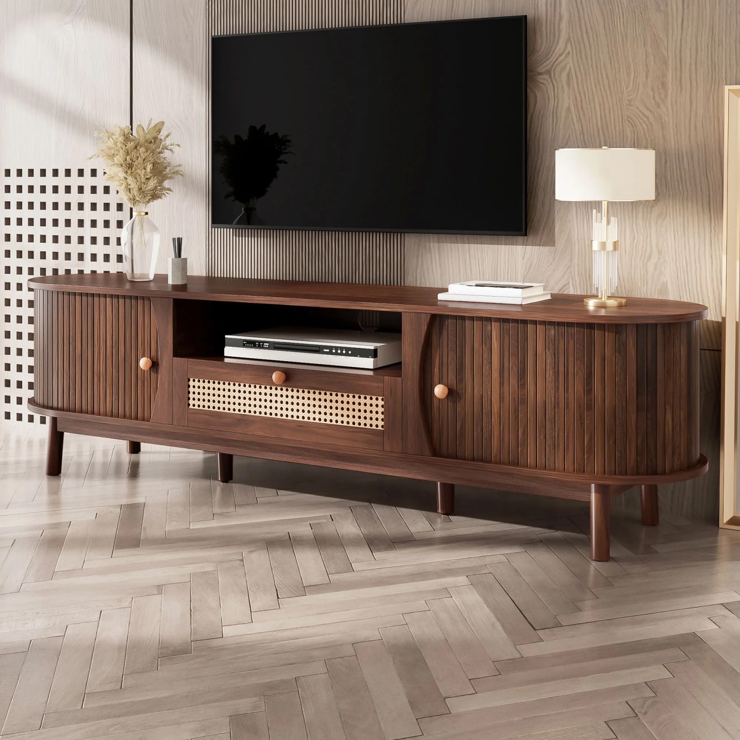 okwish TV Schrank mit Türen Schubladen Rattan Massivholz Stauraum 165x37x46cm Braun_2