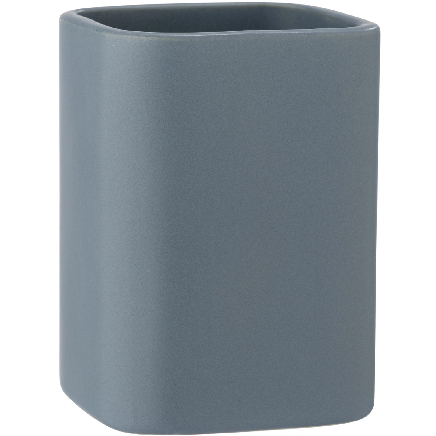 Blauer Wenko Zahnputzbecher Hexa aus Keramik mit abgerundeten, quadratischen Formen.