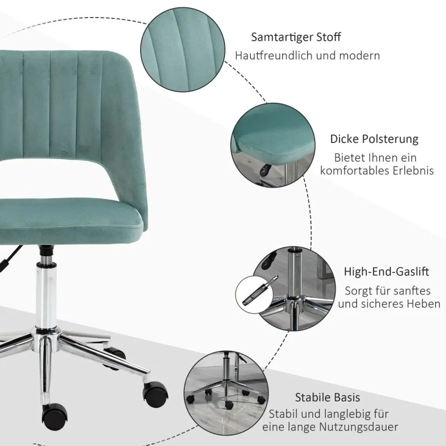 Grüner Vinsetto Bürostuhl mit Samtoptik, Polsterung, Gaslift und Rollen. Ergonomisch, höhenverstellbar, modern.