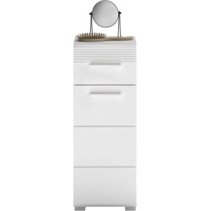Weißer, schmaler Bad-Standschrank Linus Hochglanz (30 cm) mit vier Schubladen.