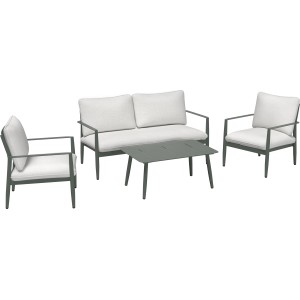 5-teilige Loungegruppe Claremont in Grün-Grau/Cremeweiß mit Sofa, Sesseln und Tisch.