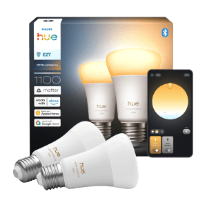 Philips Hue E27 LED-Lampe, 2er-Pack. Smartes Leuchtmittel mit Weißlicht-Funktion und App-Steuerung.