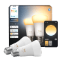 Philips Hue E27 LED-Lampe, 2er-Pack. Smartes Leuchtmittel mit Weißlicht-Funktion und App-Steuerung.
