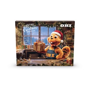 OBI Adventskalender 2026 mit Biber im Weihnachtshut, hält Geschenk. Festliches Werkzeug-Set für Heimwerker.