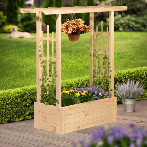 Naturfarbener Dobar Pflanzkasten Pergola aus Holz mit Rankhilfe und Bepflanzung.