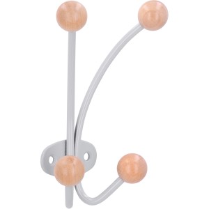 Siro Garderobenhaken 1292, silbergraues Metall mit Ahorn-Holzkugeln.
