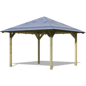 Karibu 4-Eck-Pavillon Bever 2 aus kesseldruckimprägniertem Holz mit grauem Dach.