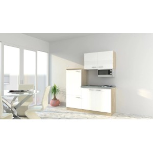 Respekta Miniküche KB160ESWMI in Weiß-Eiche Optik mit Mikrowelle und Kühl-Gefrierkombi.