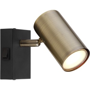 Globo Strahler Robby, 1-flammig, schwarz matt mit altmessingfarbenem Spot, 70x100mm.